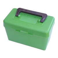 MTM Deluxe Rifle Ammo Boxes with Handle - 50 Round fits 7mm Remington Mag 300 Winchester Mag - Green
