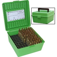 MTM Deluxe Ammo Boxes with Handle - 100 Round fits 22-250 to 458 Winchester - Green