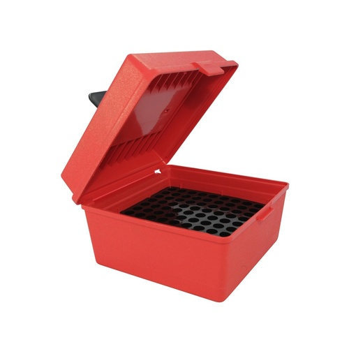 MTM Deluxe Ammo Boxes with Handle - 100 Round fits 22-250 to 458 Winchester - Red